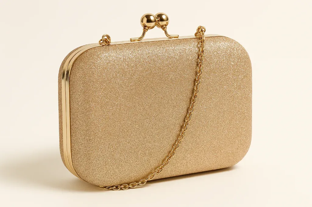 gold glitter clutch with a metallic frame and chain strap